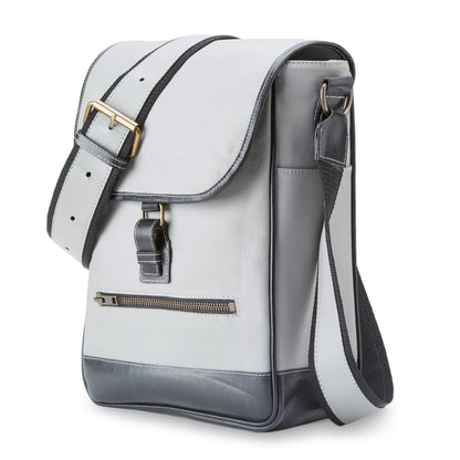 Quarter turn angle of the Miina Hudson messenger bag made with upcycled aircraft leather
